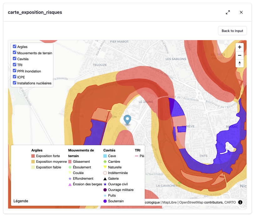 Carte d'exposition aux risques avec légende deployee